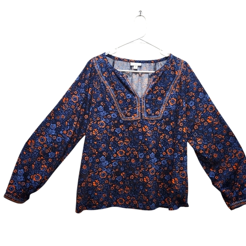 J Jill Boho Chic Embroidered Navy With Red Orange Cottagecore Floral Top Size L